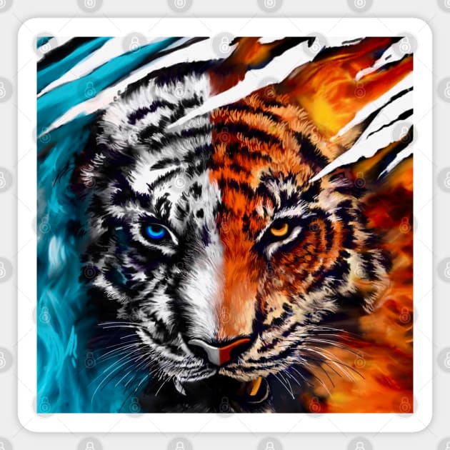 Fire And Ice Abstract Tiger Sticker by Artbythree